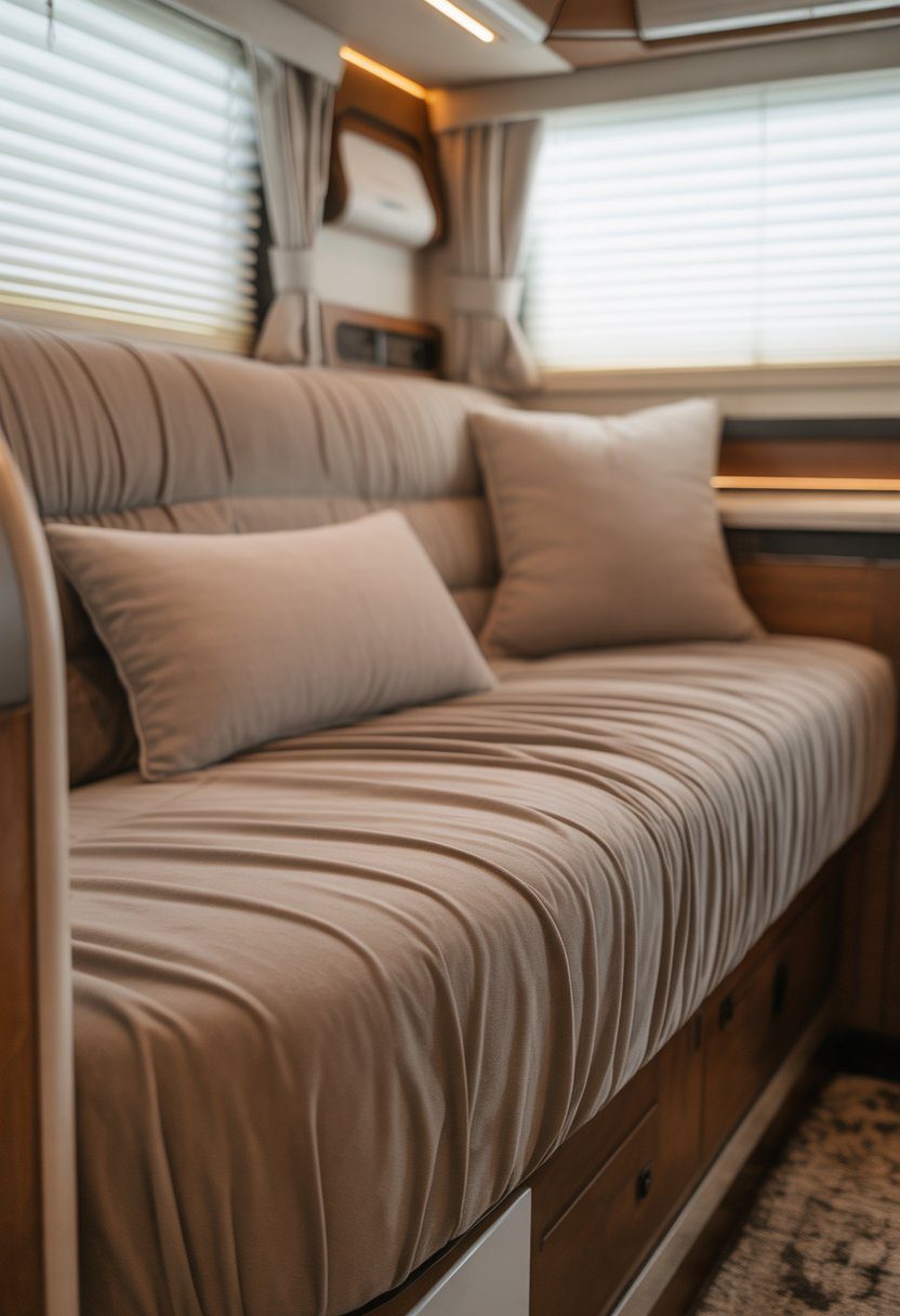 A comfortable RV couch with a fitted soft fabric cover and decorative pillows inside a well-lit RV interior.