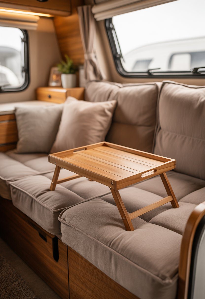A small foldable wooden tray resting on a cushioned RV couch inside a cozy living space.