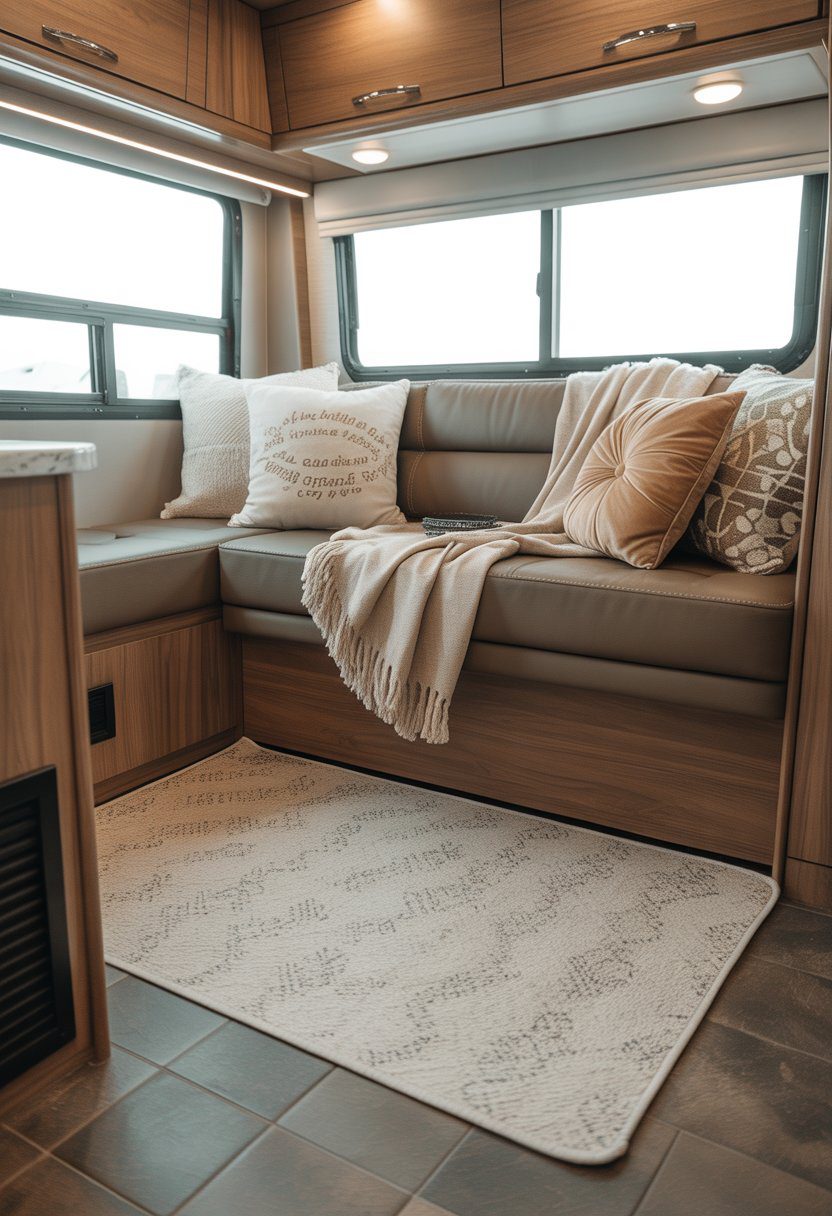 Interior of an RV living area with a couch and a lightweight rug placed in front of it.