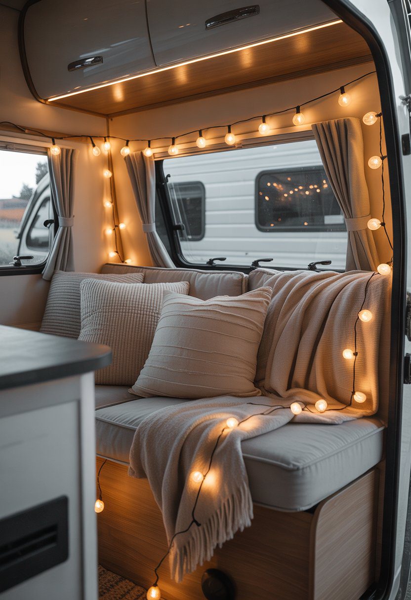 Interior of an RV showing a couch next to a window decorated with hanging fairy lights.