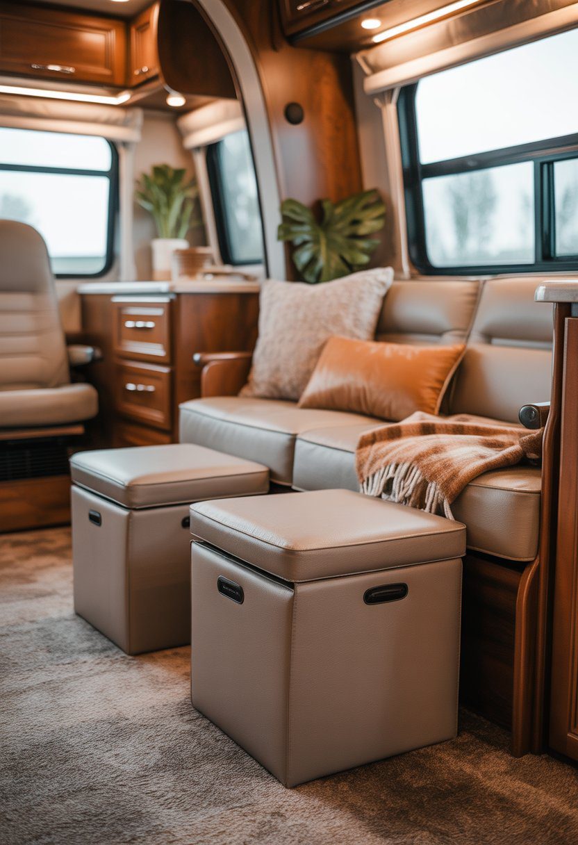 An RV interior with a couch and storage ottomans used as footrests, showing a comfortable living area.