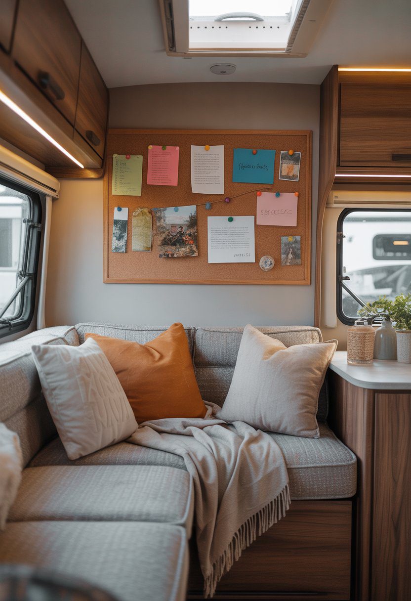 A cozy RV living area with a couch and a corkboard above it displaying pinned notes and photos.