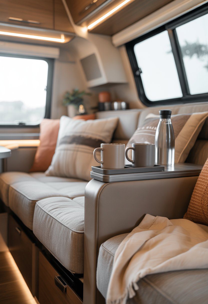 An RV interior showing a couch with magnetic cup holders on the armrests holding mugs, surrounded by pillows and natural light.