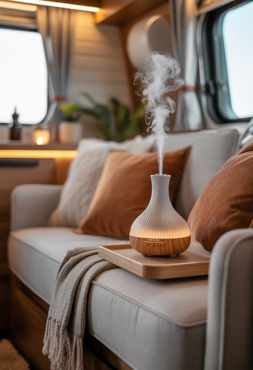 A cozy RV living area with a decorated couch and an aromatherapy diffuser on a side table emitting mist.