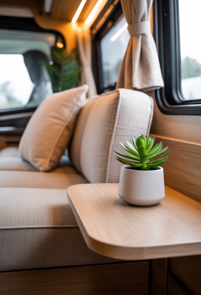 A small potted succulent on a side table next to a comfortable couch inside an RV.