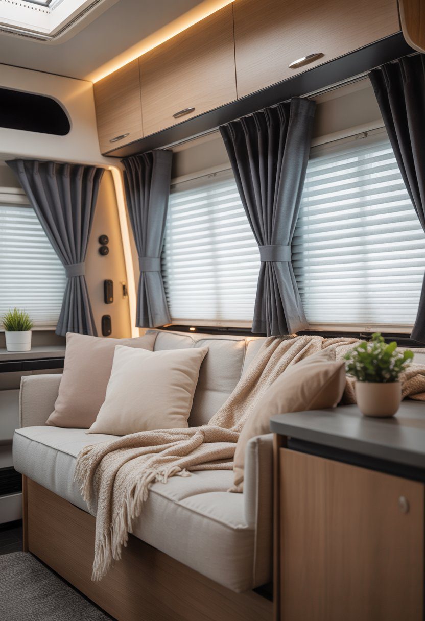 Cozy RV living area with a couch and blackout curtains partially drawn over the windows.