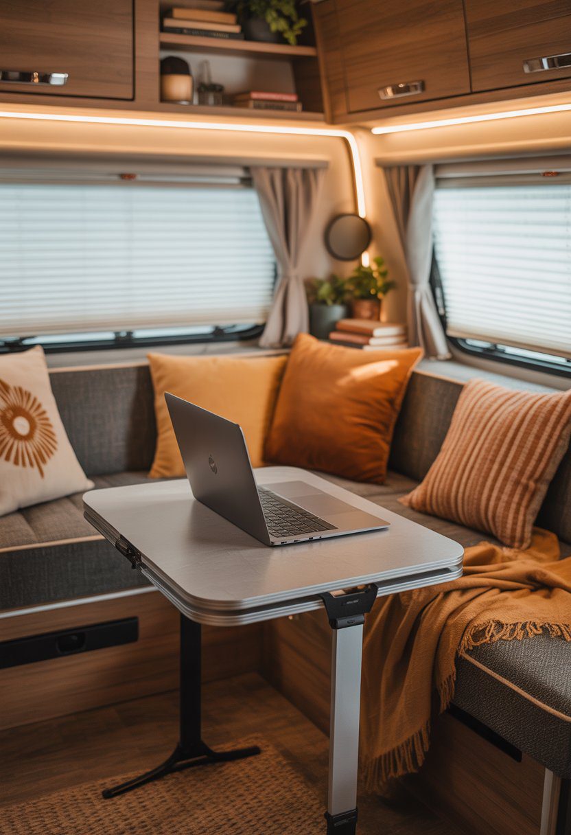 Interior of an RV with a foldable laptop desk in front of a decorated couch.