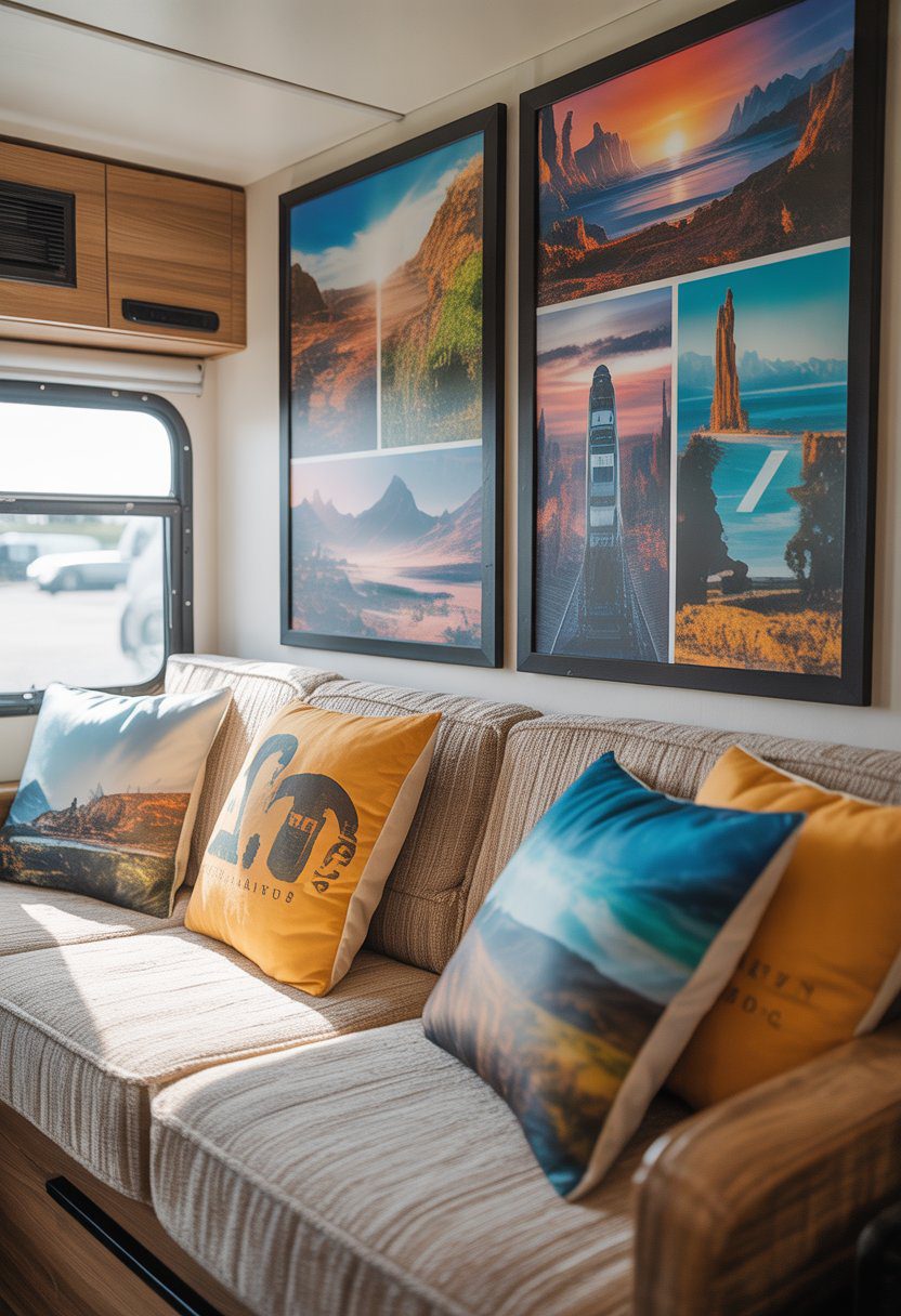 A cozy RV couch with cushions and two framed travel-themed prints hanging on the wall above it.