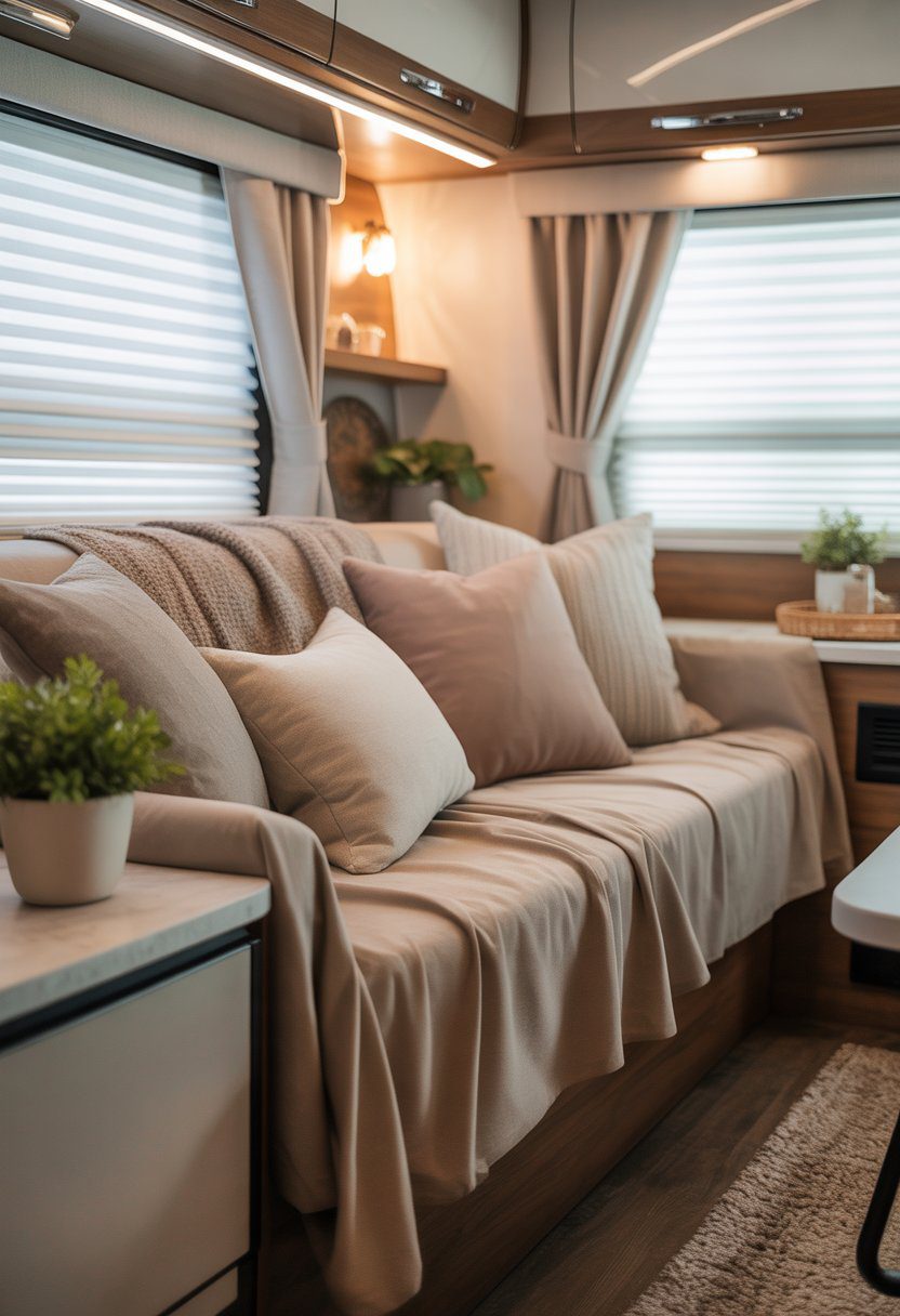 An RV living area with a couch covered in neutral-toned slipcovers, decorated with throw pillows and soft natural light coming through windows.