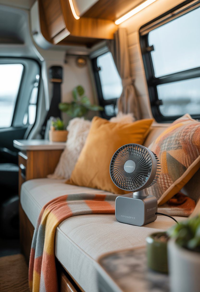 An RV interior showing a decorated couch with pillows and a small battery-operated fan on a side table nearby.