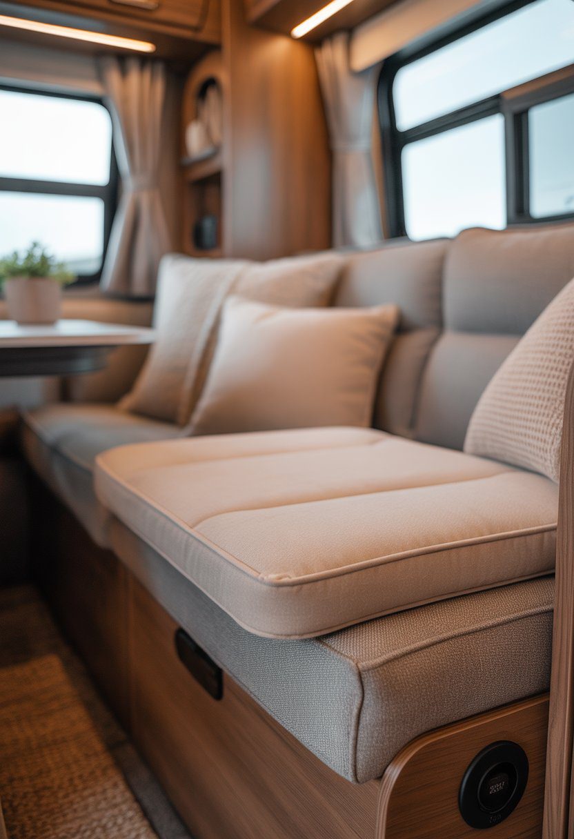 A memory foam seat pad on an RV couch surrounded by cozy interior decor and natural light.