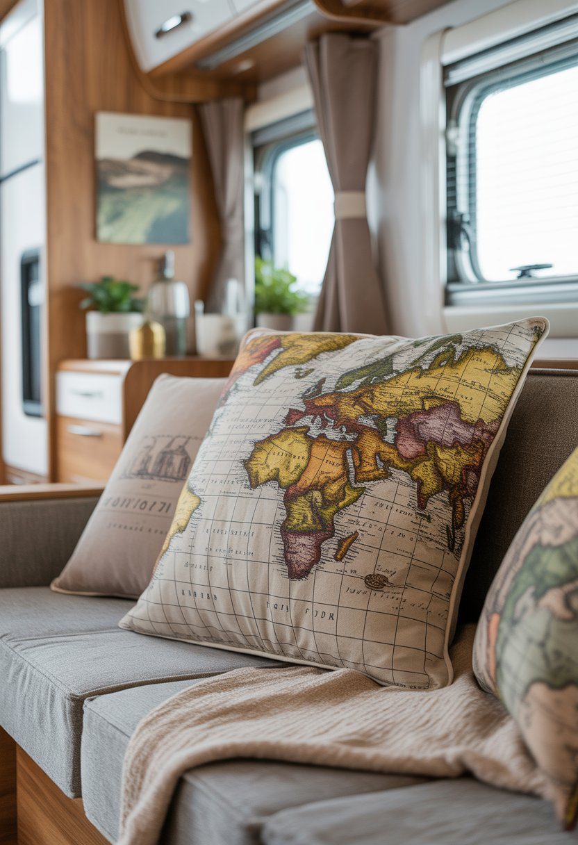 A cozy RV couch with a cushion featuring a vintage travel map design, surrounded by neutral pillows and soft lighting.
