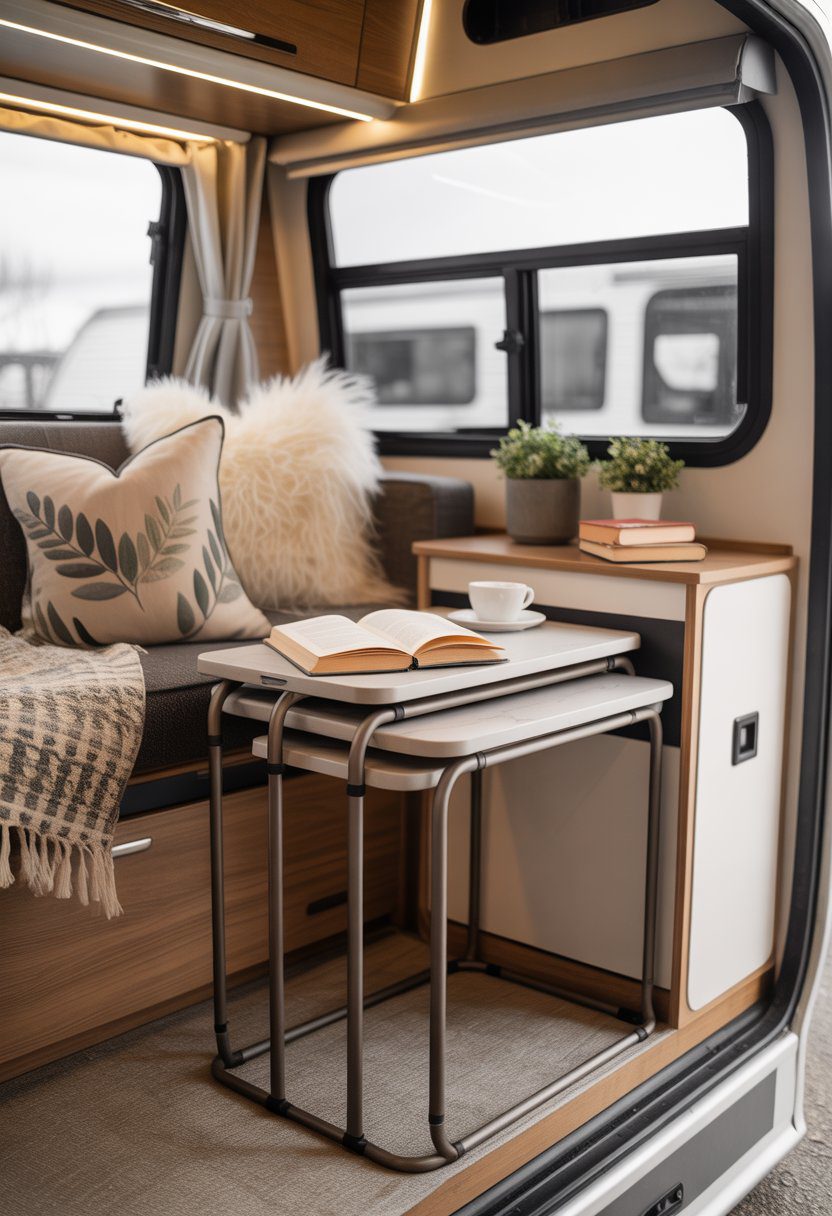 Cozy RV interior with a decorated couch and nesting side tables holding plants and books.