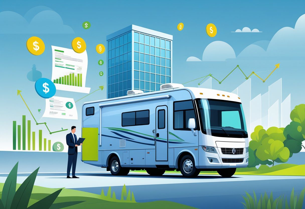 A businessperson standing next to an RV parked by an office building, surrounded by financial icons like dollar signs and charts.