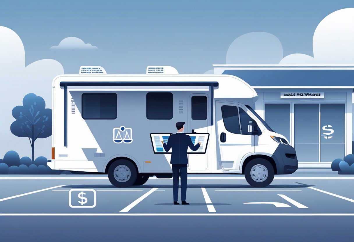 A businessperson reviewing documents near an RV parked by an office building with icons representing legal and insurance concepts around them.