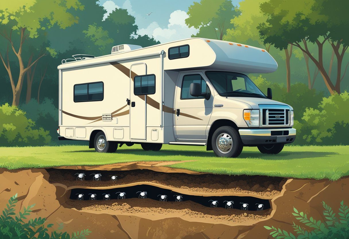 An RV parked on grass near trees with a cross-section of soil beneath showing termite tunnels disrupting the ground under the vehicle.