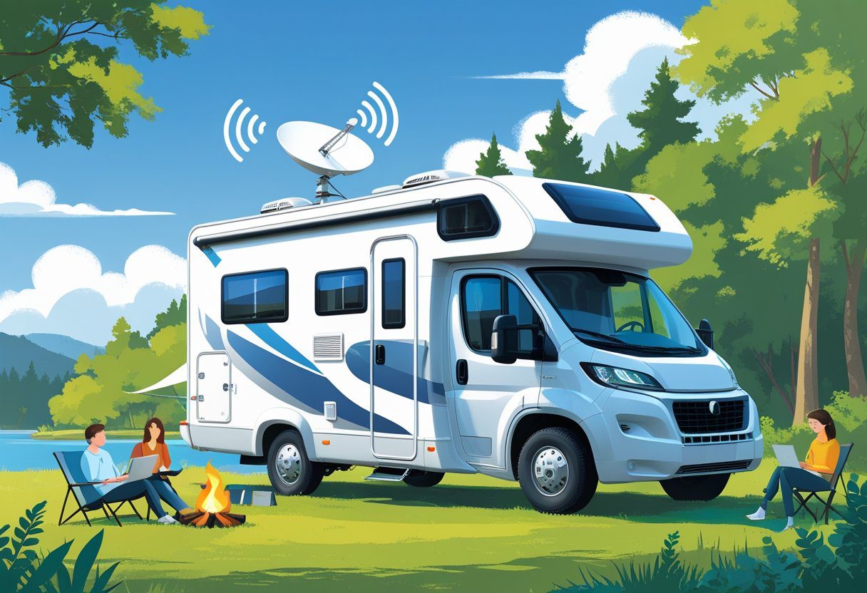 An RV parked outdoors near trees and a lake with a satellite dish on the roof and people using laptops and smartphones nearby.