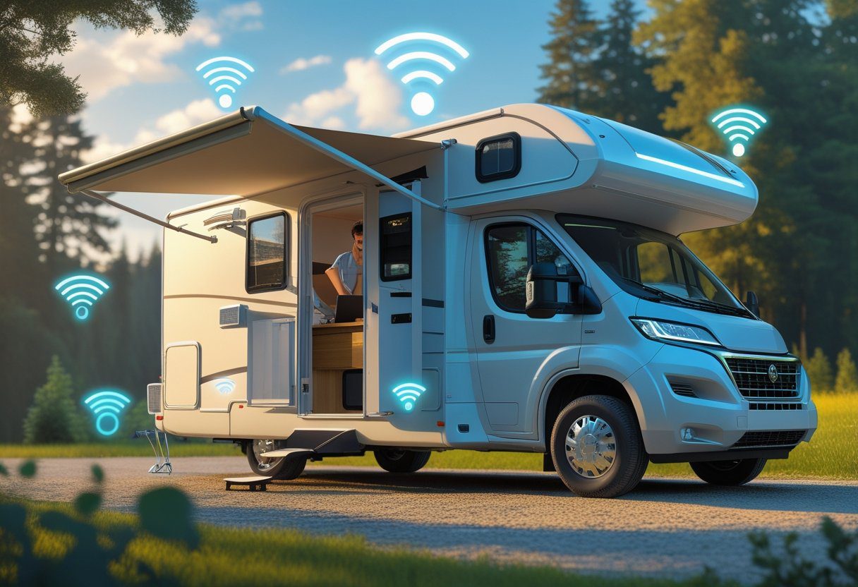 An RV parked outdoors with a visible router connected to LTE and 5G SIM cards, showing wireless signals and a person using a laptop inside.