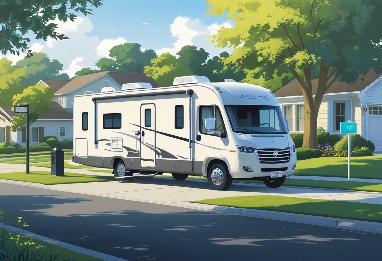 An RV parked in a driveway next to a house with a mailbox and street sign nearby in a suburban neighborhood.