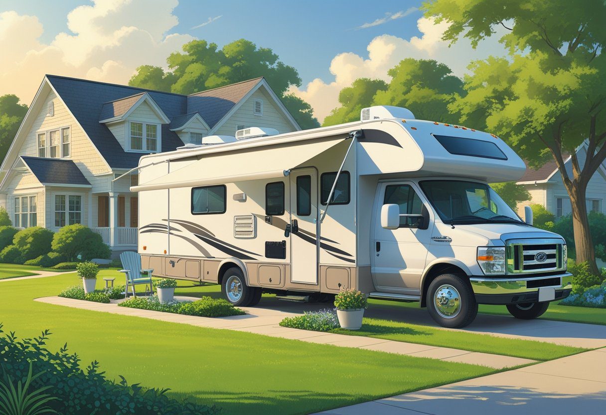 An RV parked in a backyard next to a house with outdoor chairs and plants, showing the RV as a second home.