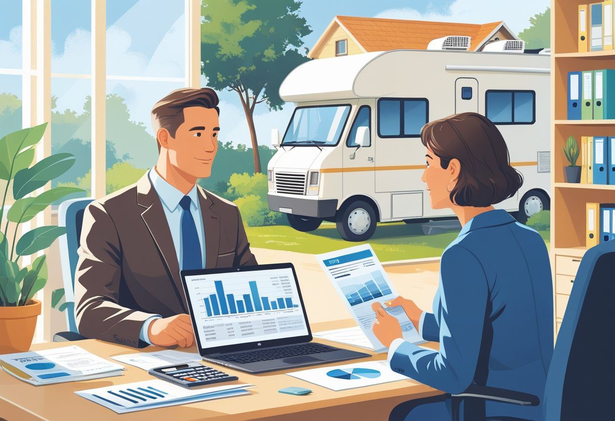 A person consulting with a tax professional in an office, with an RV parked near a house visible in the background through a window.