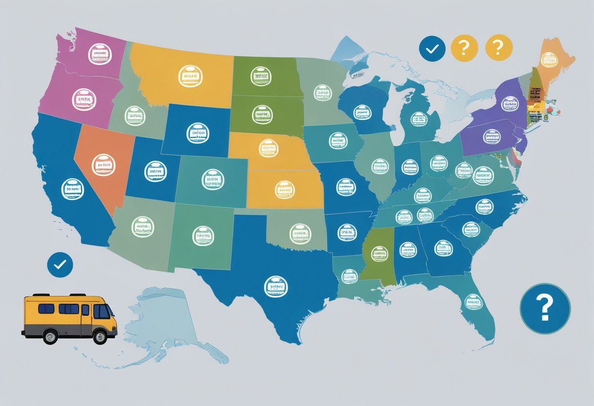 Map of the United States with different states highlighted and icons showing driver's licenses and recreational vehicles to represent varying state rules for driving RVs with a Class D license.