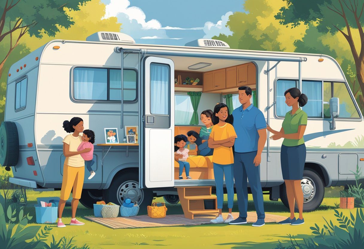 A family living in an RV is talking with a social worker outside in a peaceful campground setting.