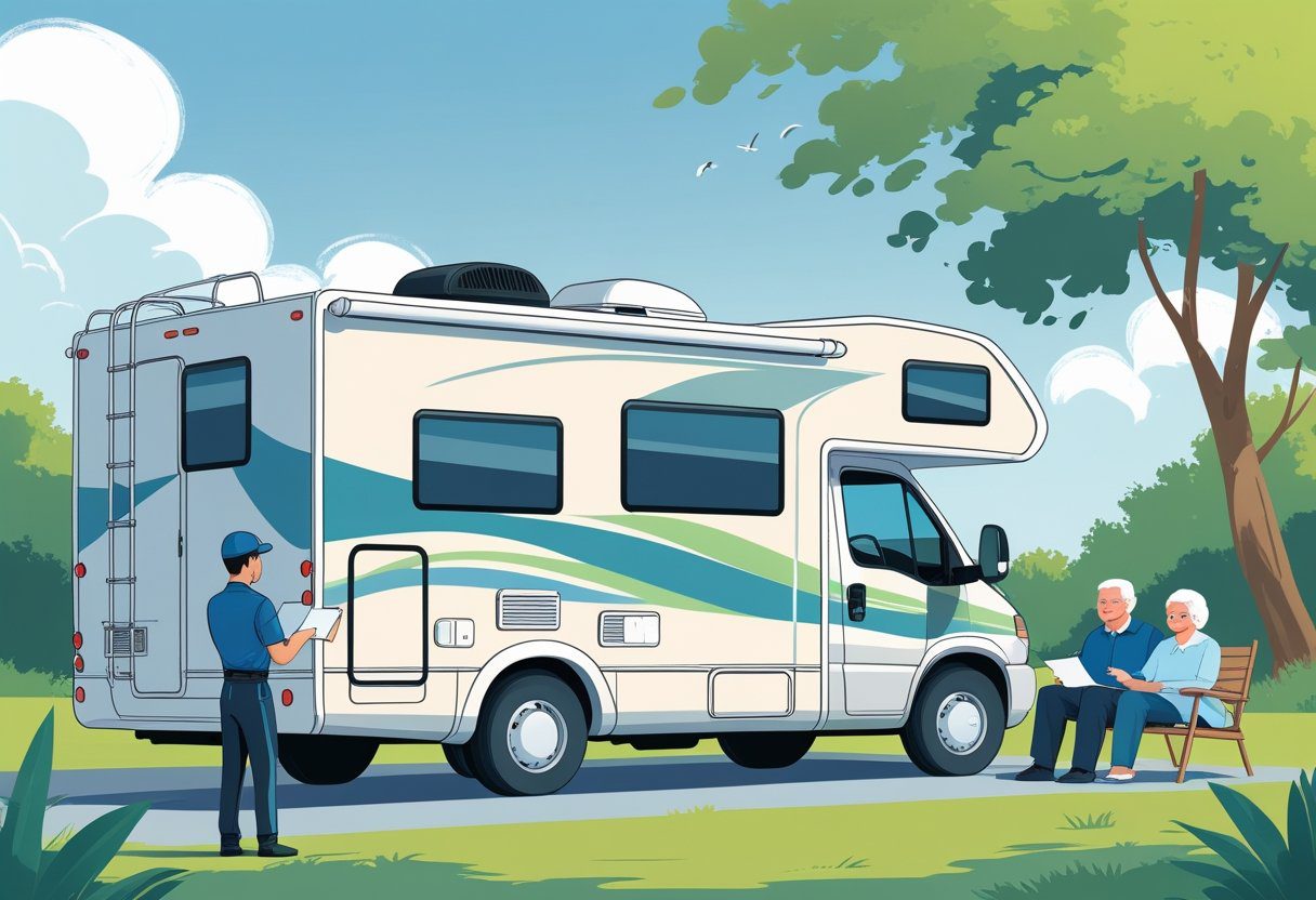 A mechanic inspecting an RV for damage while an insurance agent talks to the owner, with an elderly couple sitting nearby by the RV.