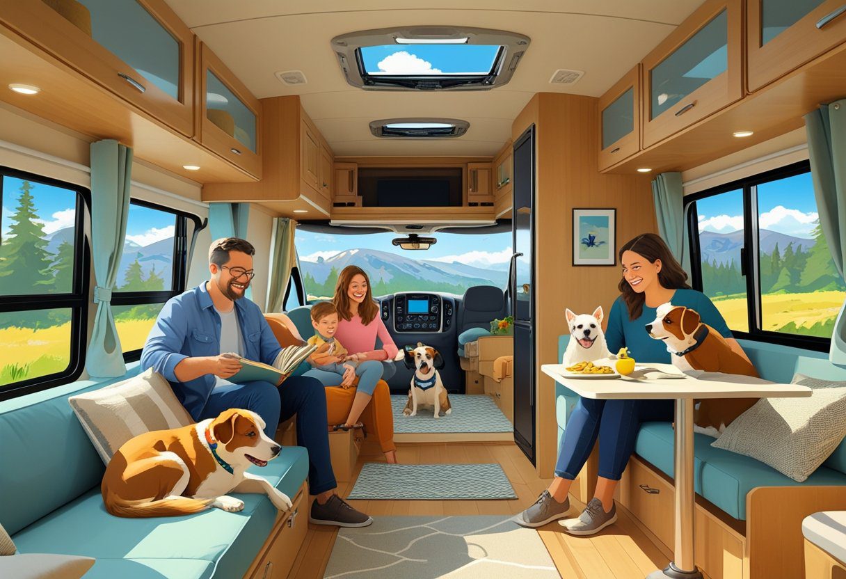 A family inside an RV spending time with two dogs, one resting on a dog bed and another sitting nearby, with a scenic outdoor view visible through the windows.