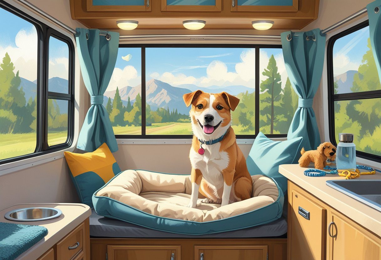 A dog sitting comfortably inside an RV trailer with a scenic landscape visible through the window.