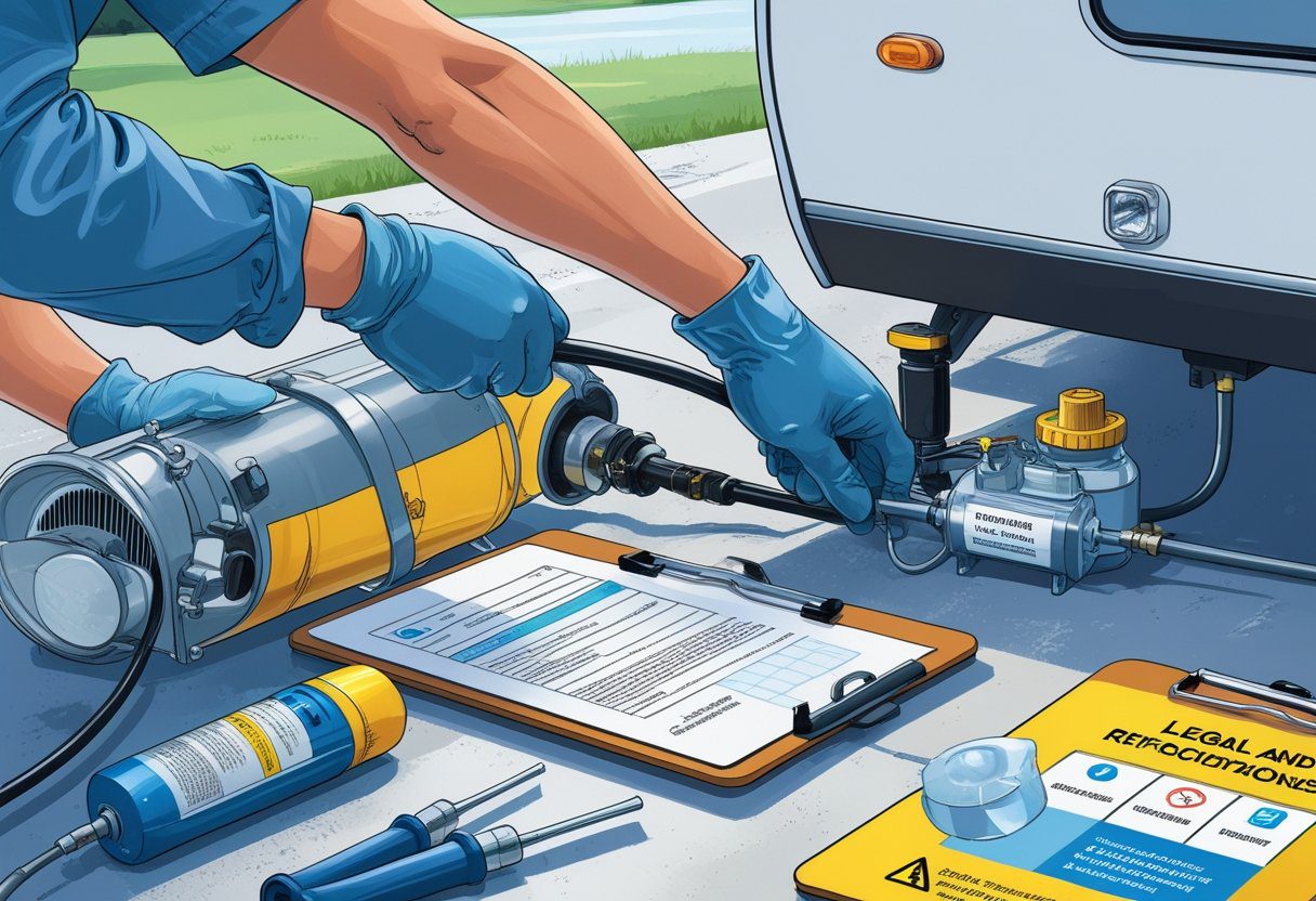 A technician wearing gloves and safety goggles servicing an RV rooftop air conditioner with refrigerant equipment in an outdoor campground setting.