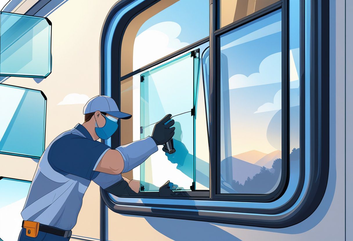 A technician replacing the glass in an RV window, carefully fitting a new glass pane while holding tools.