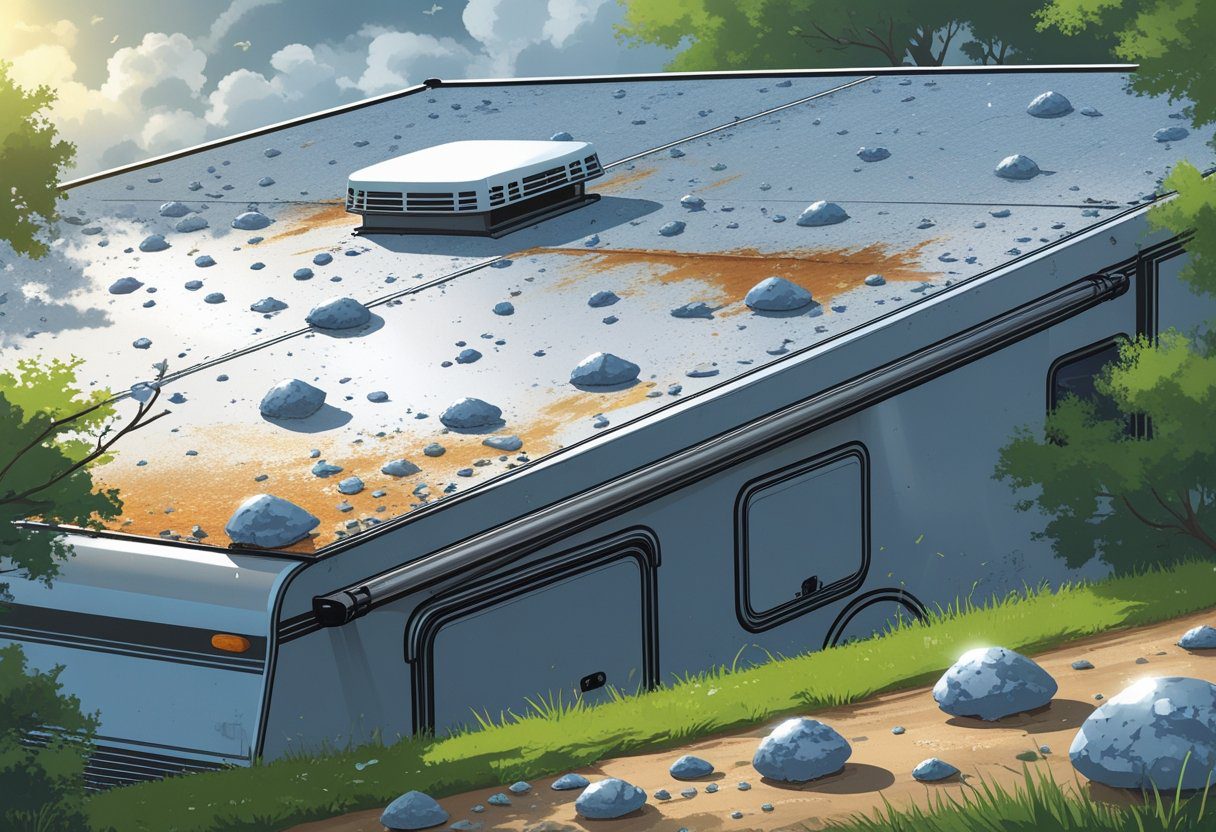 Close-up view of an RV roof with visible hail damage, including dents, cracks, and signs of wear, with hailstones on the ground and a cloudy sky in the background.