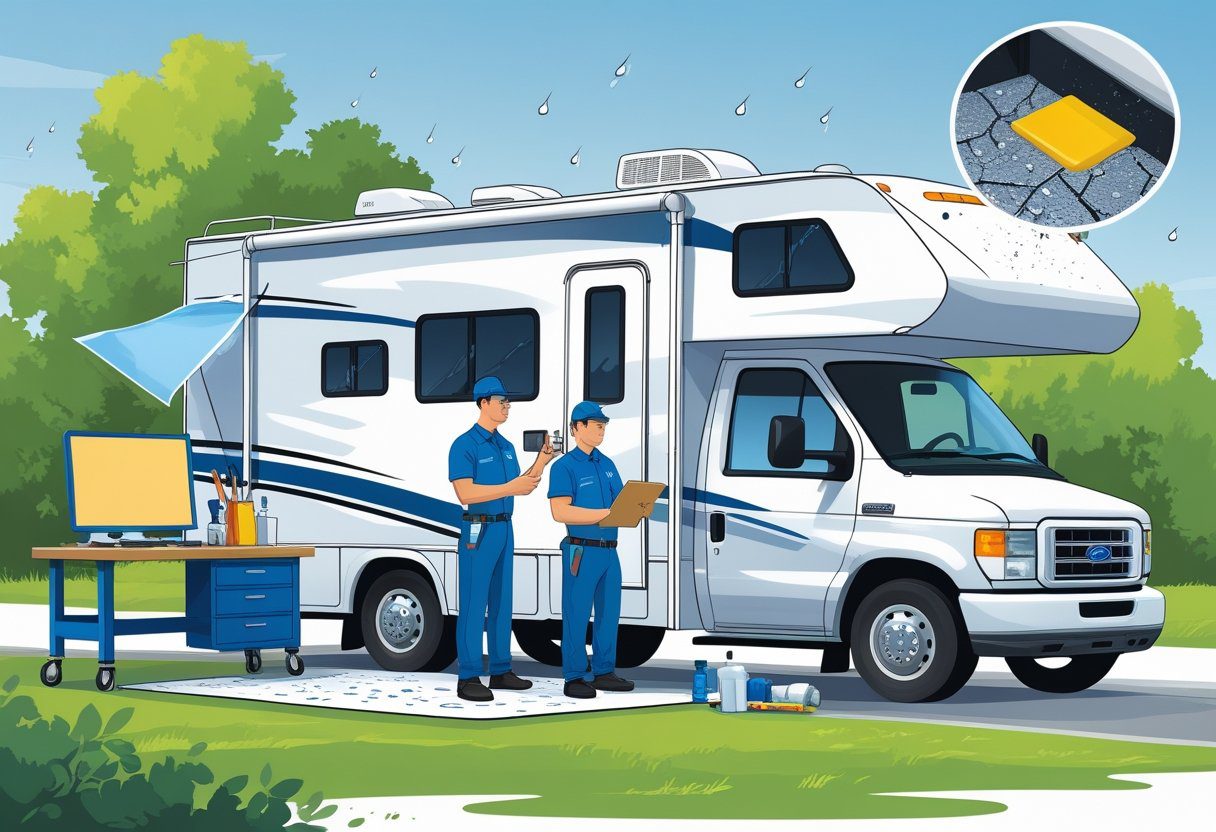 An RV with hail damage on its roof being inspected by a technician with repair tools and protective materials nearby, showing repair and prevention steps.