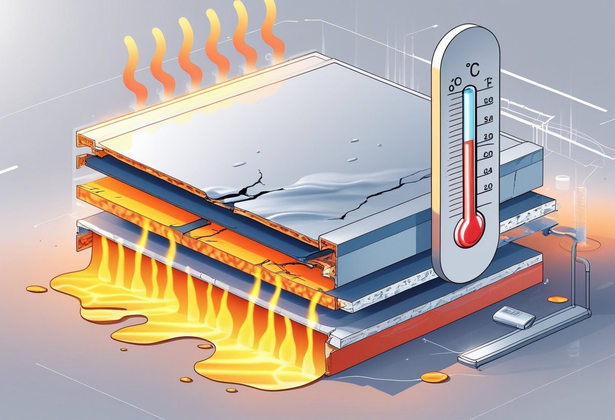Cross-sectional view of an RV wall panel showing layers separating due to heat, with heat waves and a thermometer indicating high temperature.