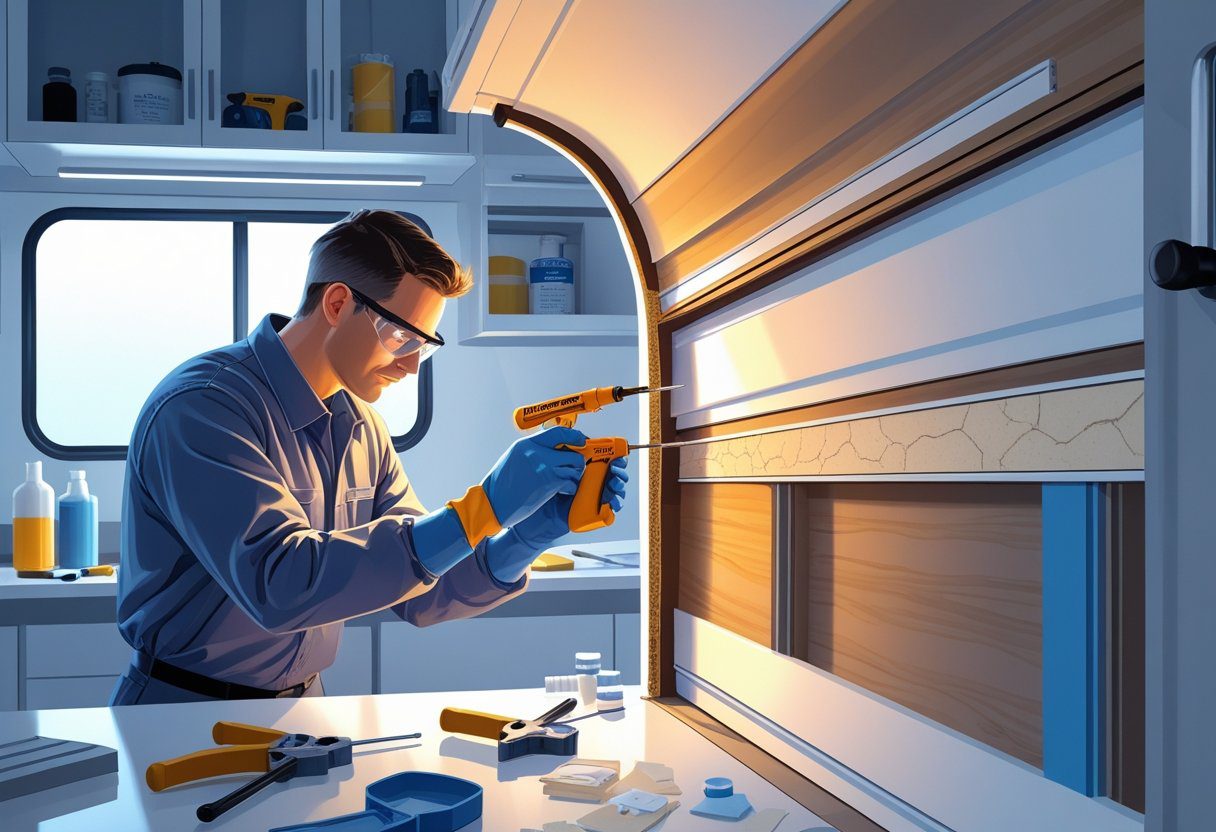 A technician repairing separated layers of an RV wall panel in a workshop, using adhesive and a heat gun.