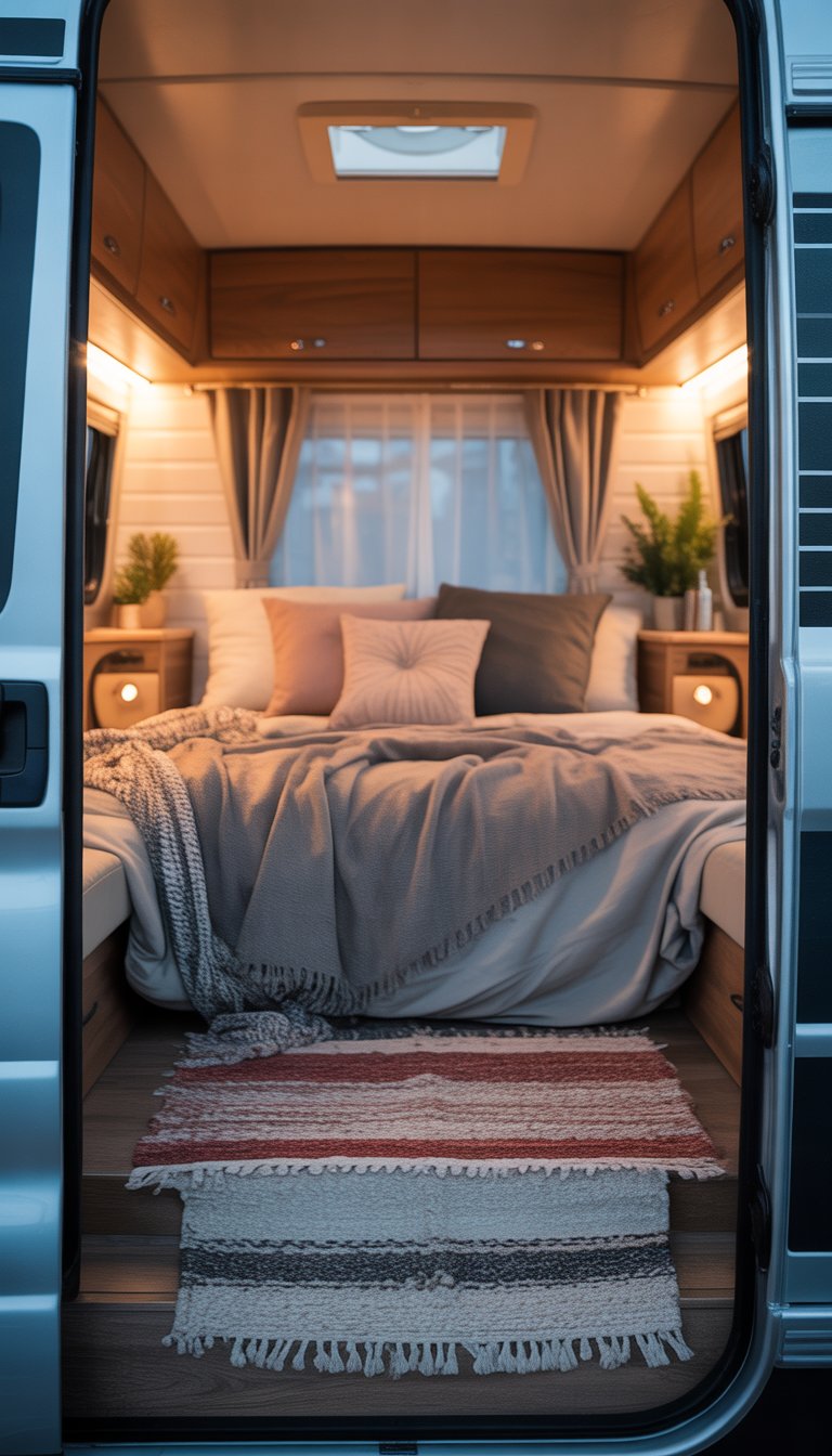 Cozy RV bedroom with layered rugs on the floor, a comfortable bed, and warm natural light coming through a window.