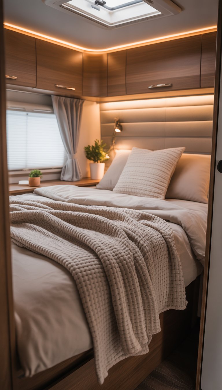 A cozy RV bedroom with a bed covered by a weighted blanket, soft pillows, warm lighting, and a small window letting in natural light.
