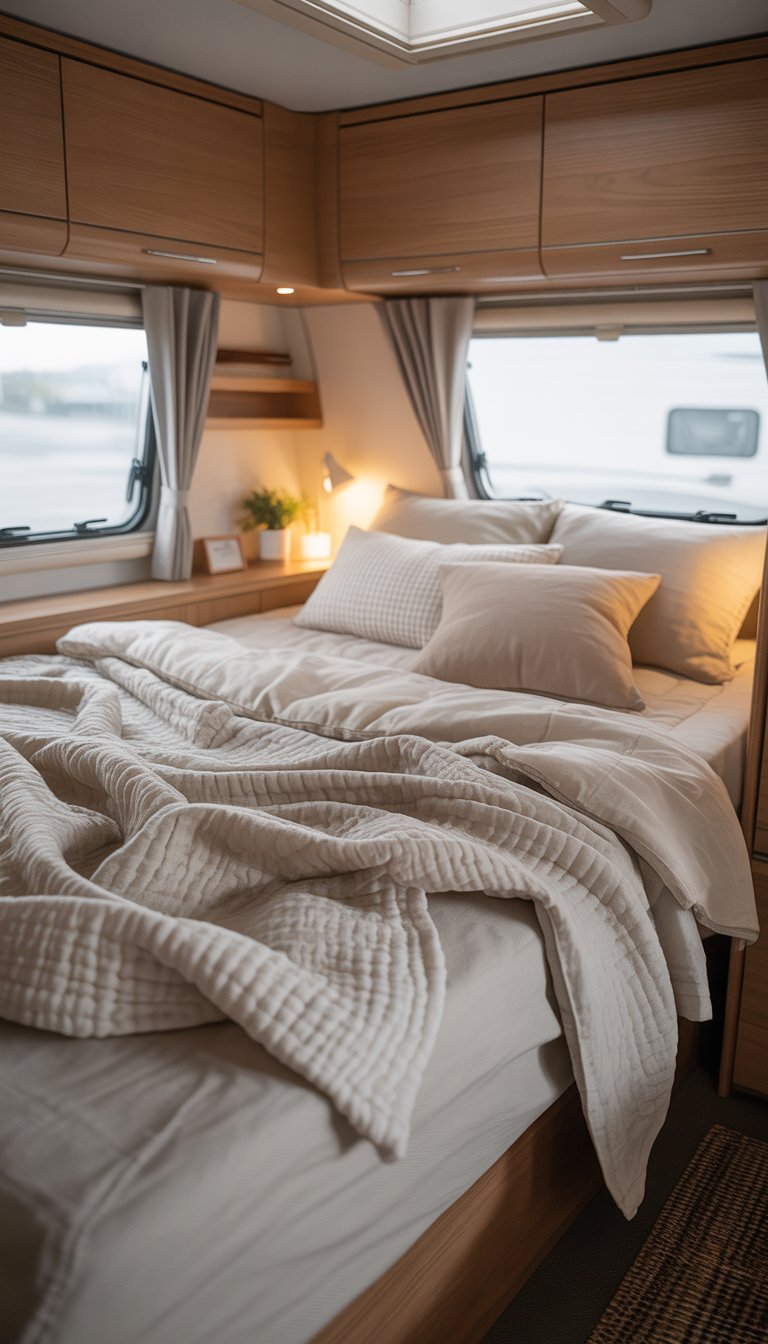 A cozy RV bedroom with a neatly made bed featuring white and beige cotton and linen bedding, wooden walls, a window with light curtains, and a small plant on a bedside shelf.