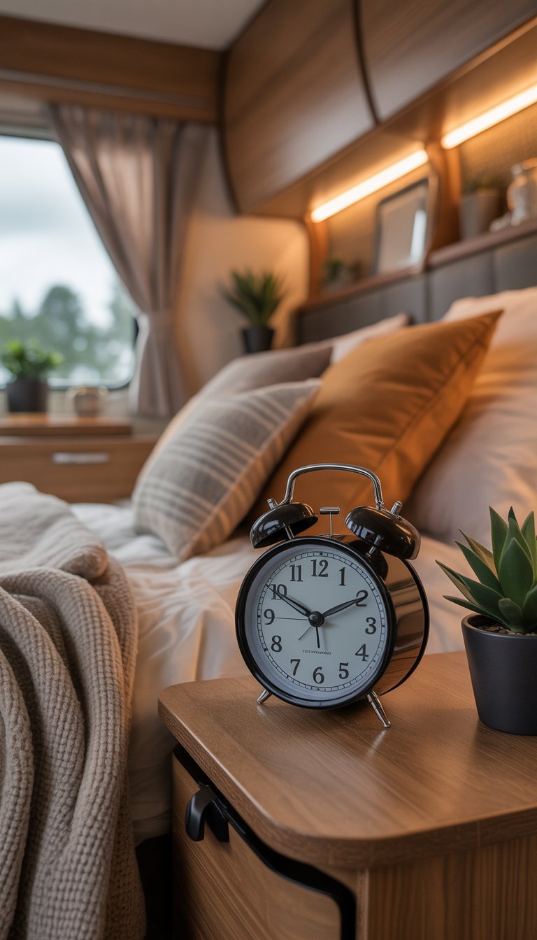 A cozy RV bedroom with a vintage alarm clock on a wooden bedside table, soft bedding, and natural light coming through the window.