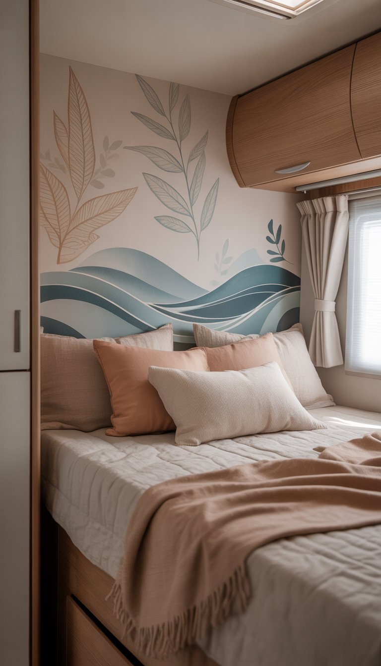 A cozy RV bedroom with a neatly made bed, calming patterned wall decals, and soft natural light coming through a window.