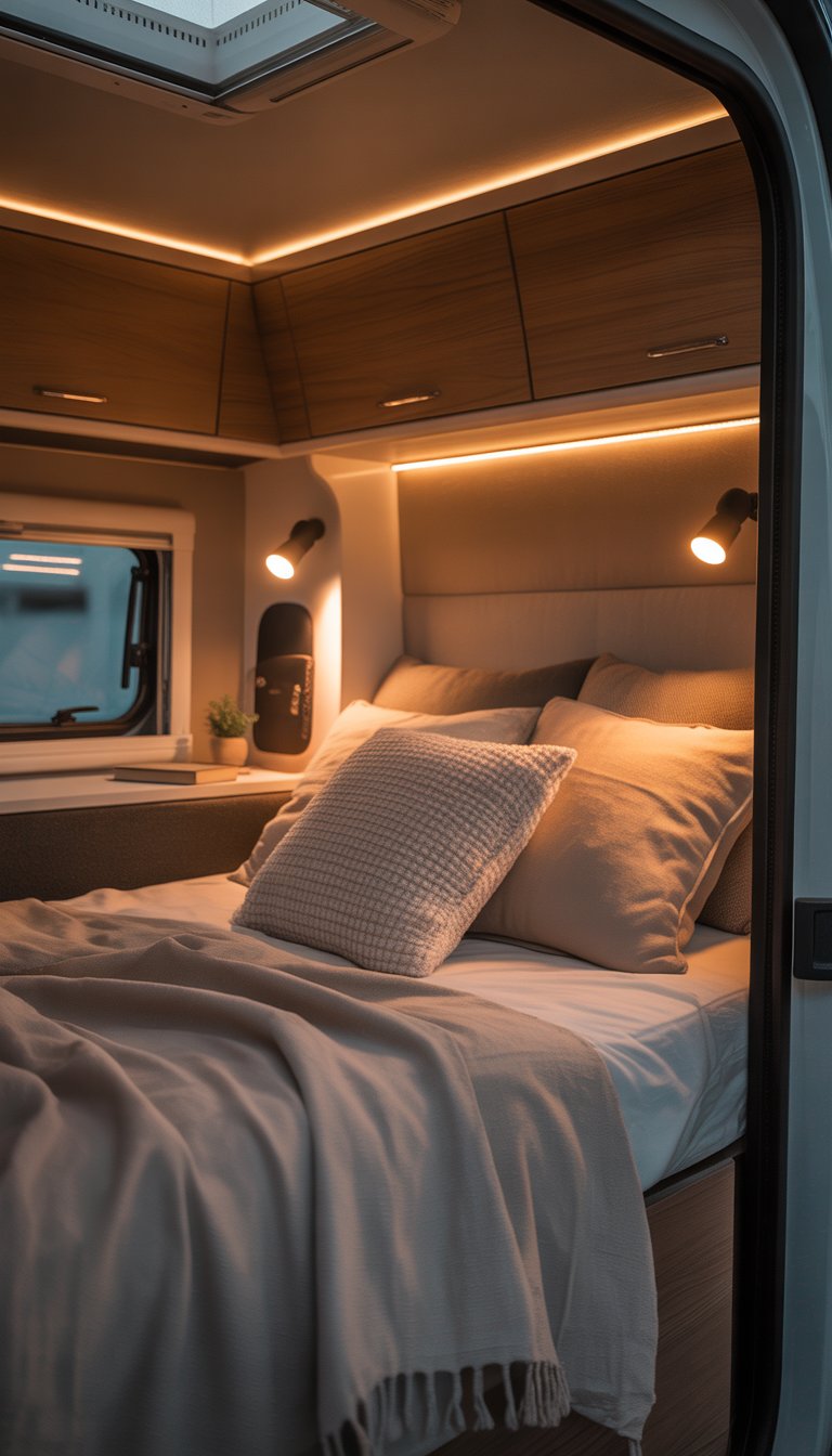 Cozy RV bedroom with warm LED reading lights illuminating a neatly made bed inside a small living space.