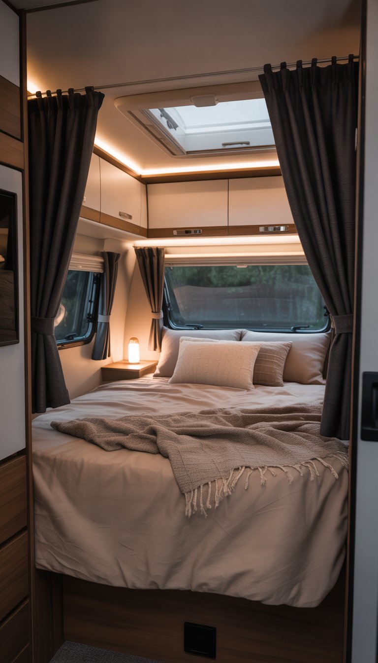 Cozy RV bedroom with a neatly made bed and blackout curtains partially drawn over the windows.