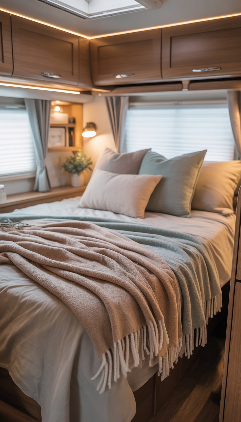 A cozy RV bedroom with a neatly made bed featuring soft throw blankets and pillows, warm lighting, and wooden cabinetry.