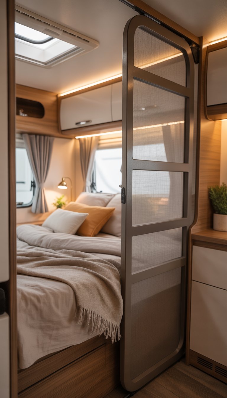 Cozy RV bedroom with a foldable privacy screen beside the bed and natural light coming through a window.