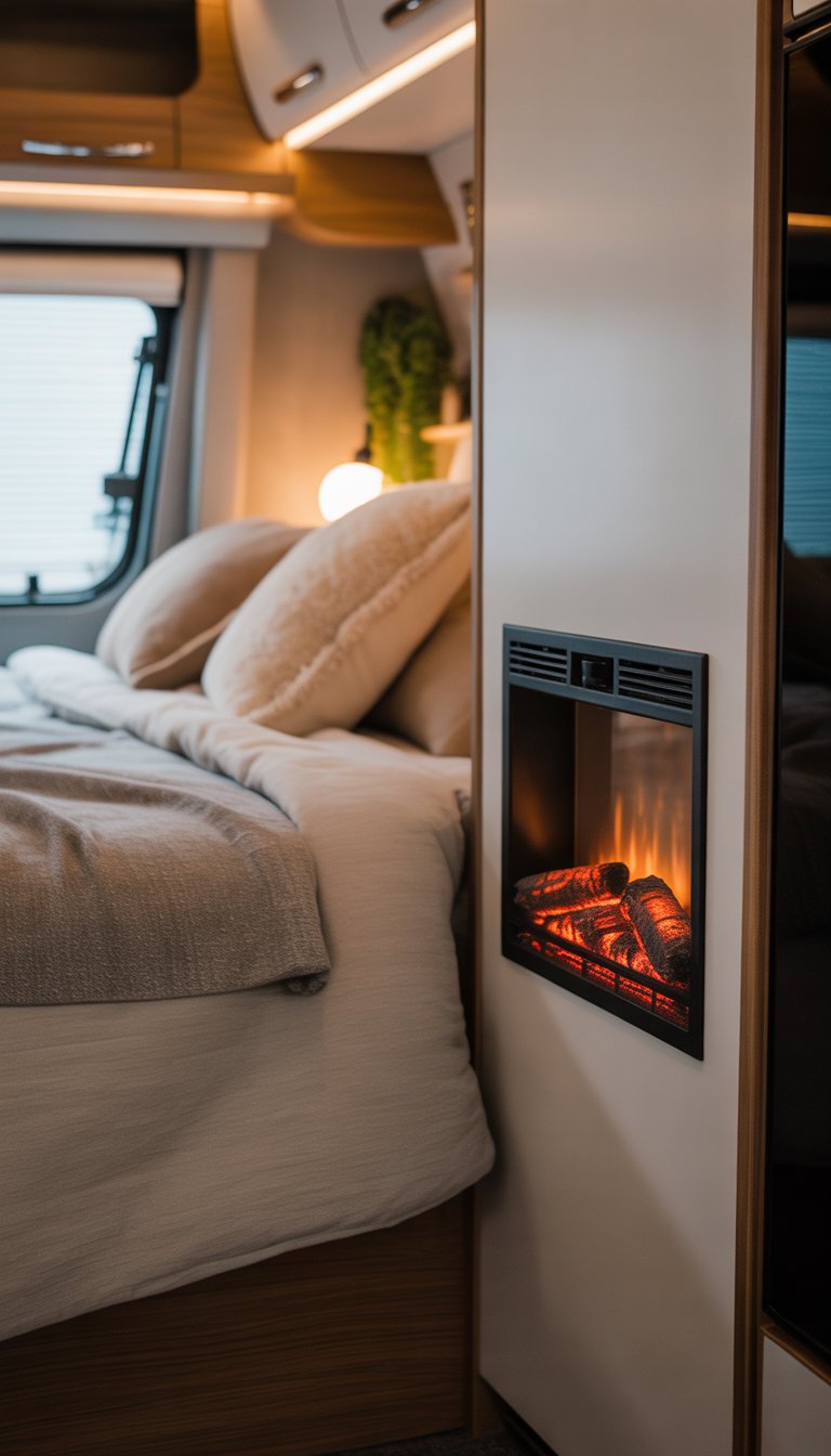 A cozy RV bedroom with a small electric fireplace, a neatly made bed, and warm lighting creating a restful atmosphere.