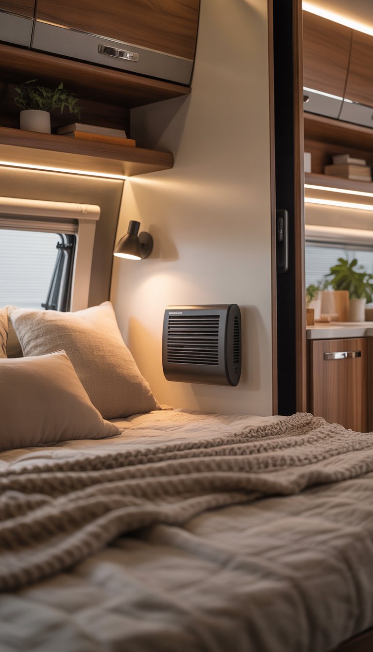 An RV bedroom with a small wall-mounted heater near a neatly made bed surrounded by wooden cabinets and soft lighting.