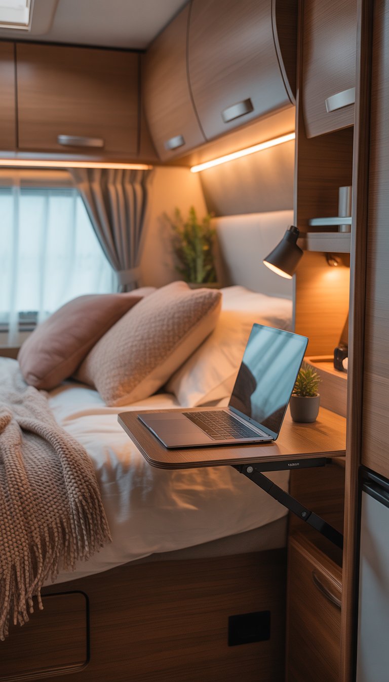 Cozy RV bedroom with a foldable laptop desk installed beside the bed, featuring soft lighting and comfortable bedding.