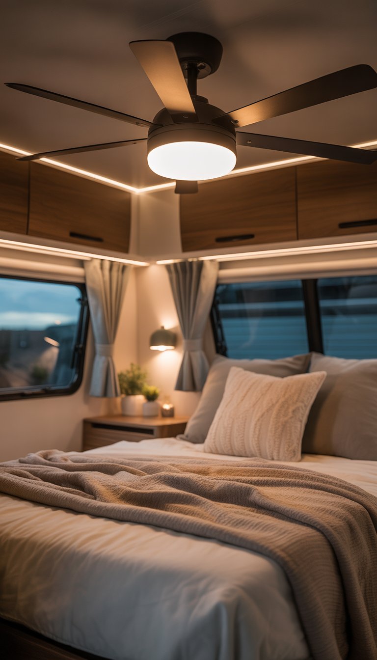 Cozy RV bedroom with a ceiling fan and dimmable light above a bed, featuring warm bedding and soft lighting.