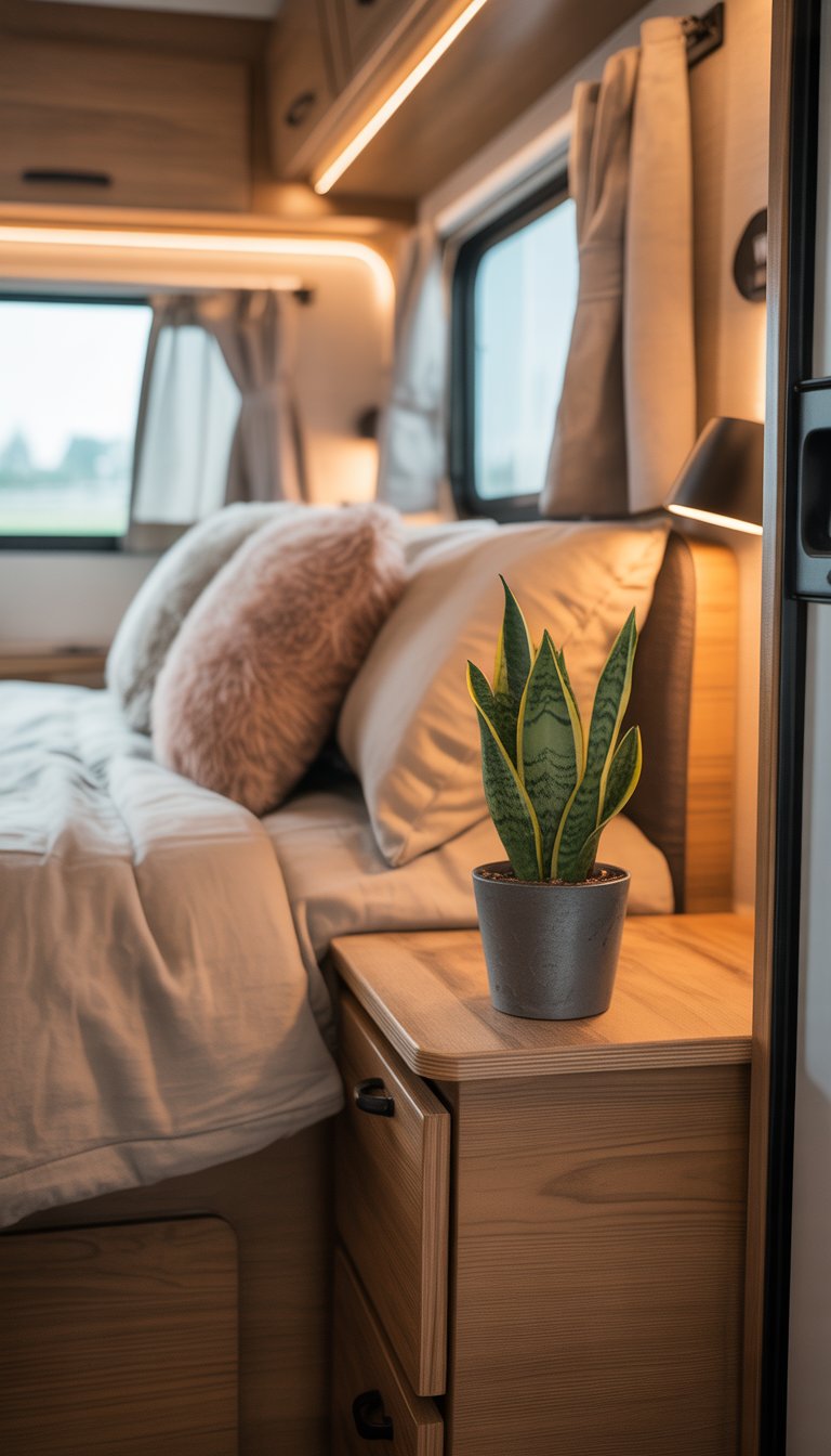 Cozy RV bedroom with a neatly made bed and a small snake plant on a wooden nightstand.